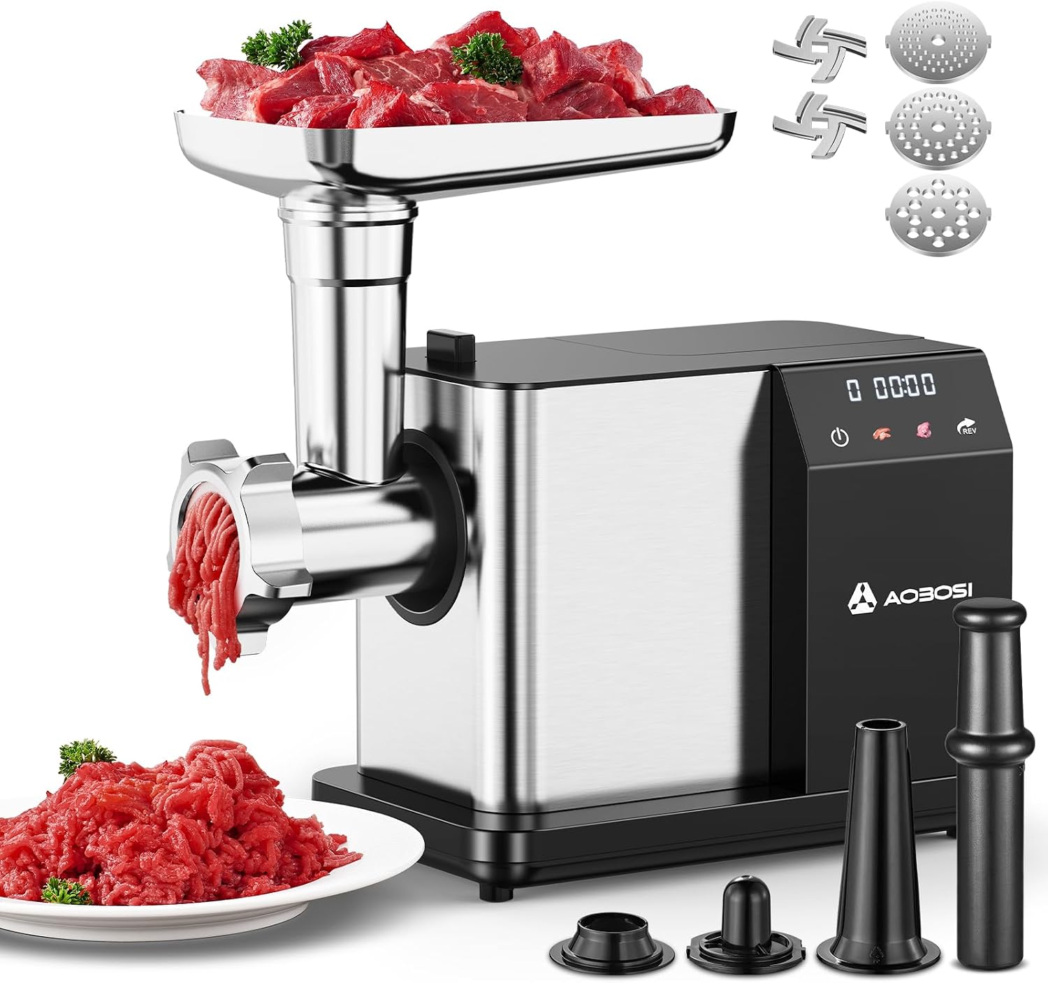 Detalle de AAOBOSI Electric Meat Grinder (3000W Max) with LCD Display, Auto-Reverse Function and Sausage Kit