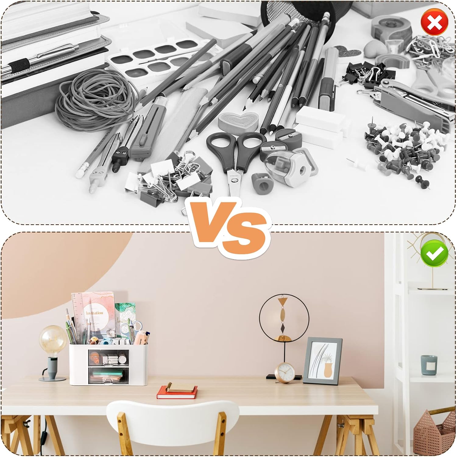 Detalle de PAMIYO Schreibtisch Organizer mit 7 Fächern, Kunststoff (weiß) – Stiftehalter mit Schublade für Büro, Zuhause & Schule