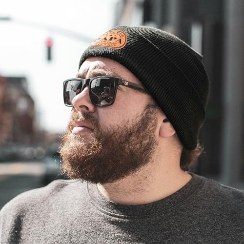 Detalle de Merclix Bonnet Noir Tricoté avec étiquette cuir – cadeau idéal pour papa