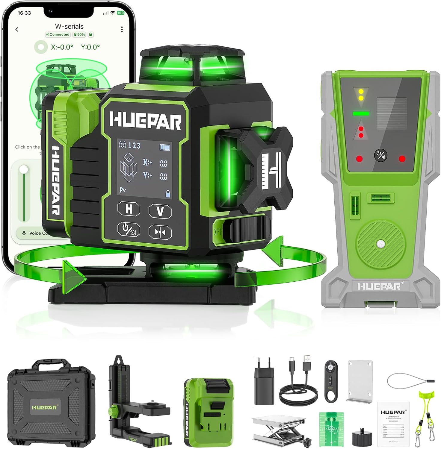 Detalle de Livella Laser Autolivellante 16 linee Huepar con ricevitore, Bluetooth e telecomando (verde, 360°)