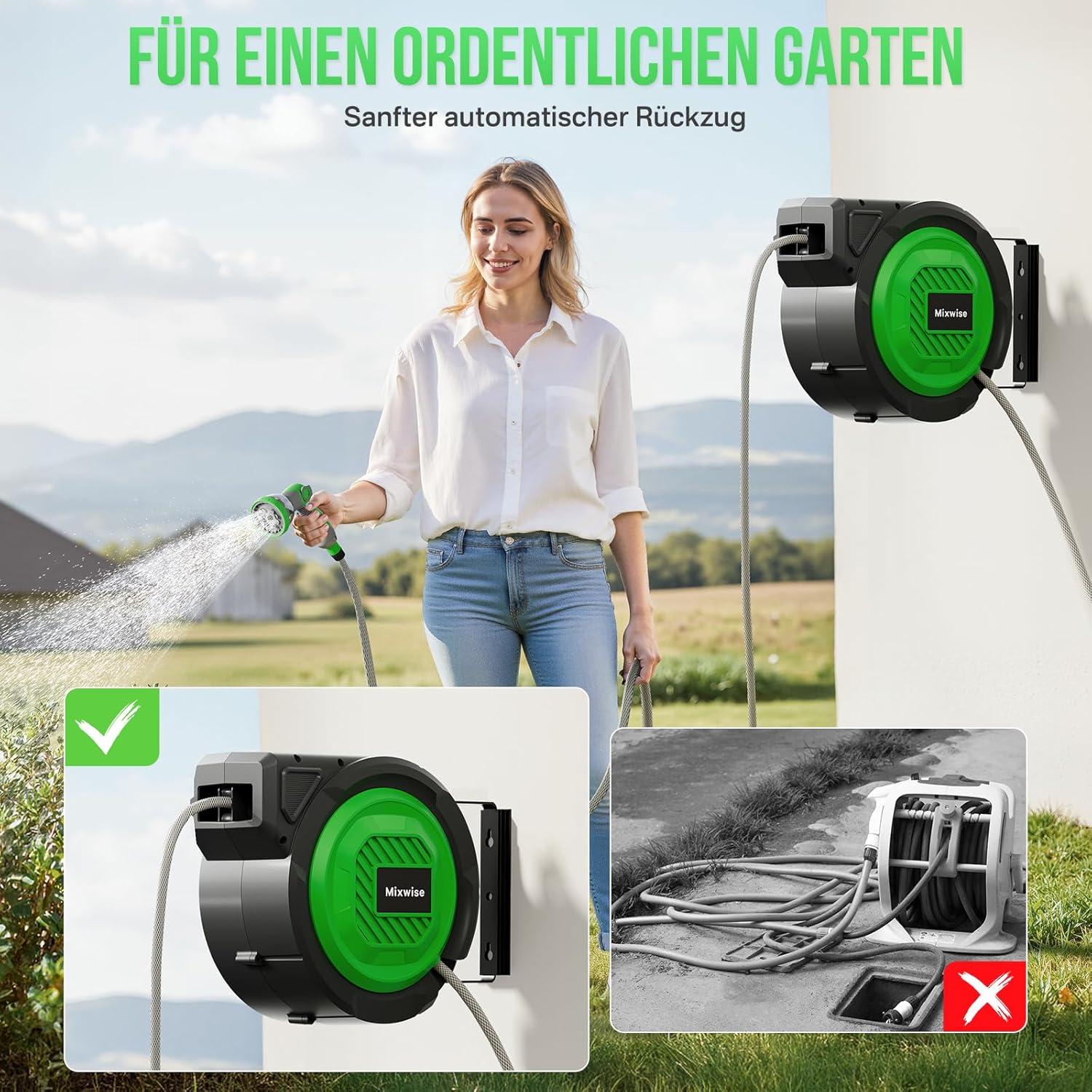 Detalle de Schlauchtrommel Gartenschlauch RollUp mit 180° Schwenkbarem Halter, 20 m Schlauch, 10‑fache Düse und automatischem Rückzug