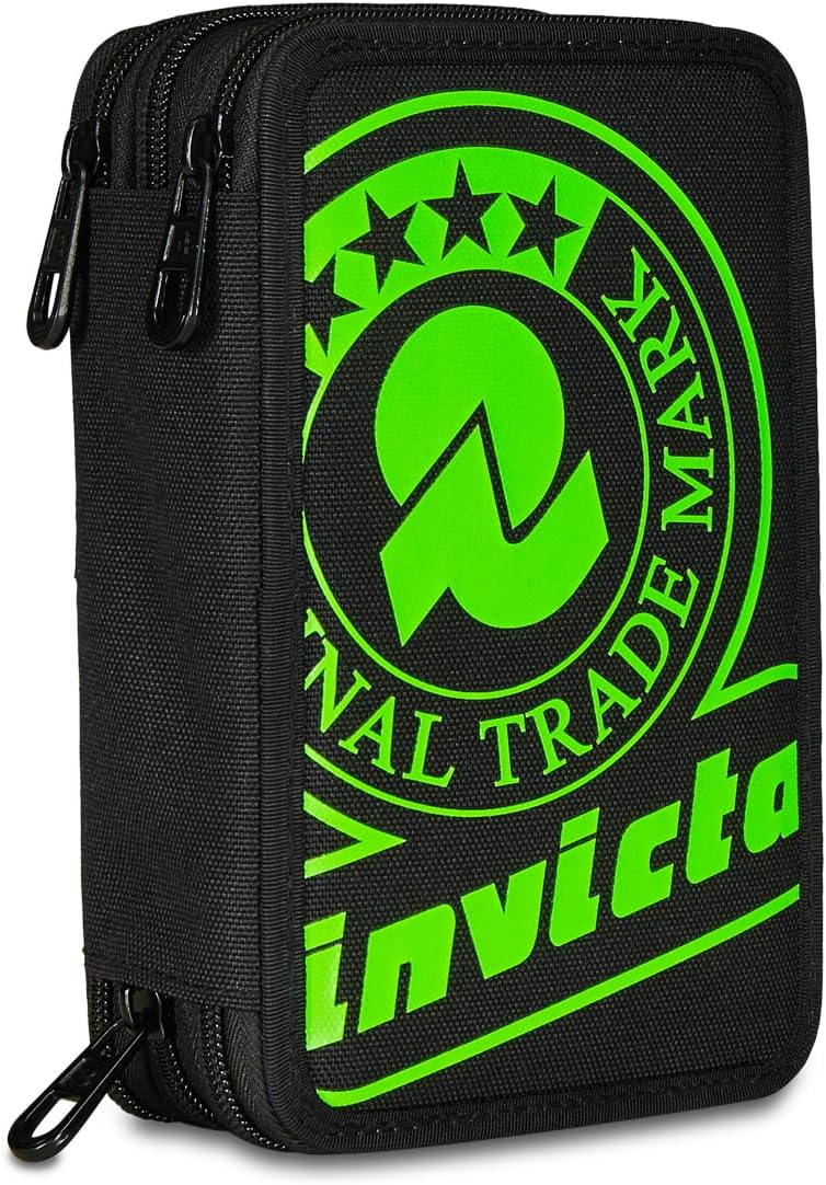 Invicta Trousse d’école 3 Zip Triple compartiment noir et vert – avec stylos, crayons et marqueurs