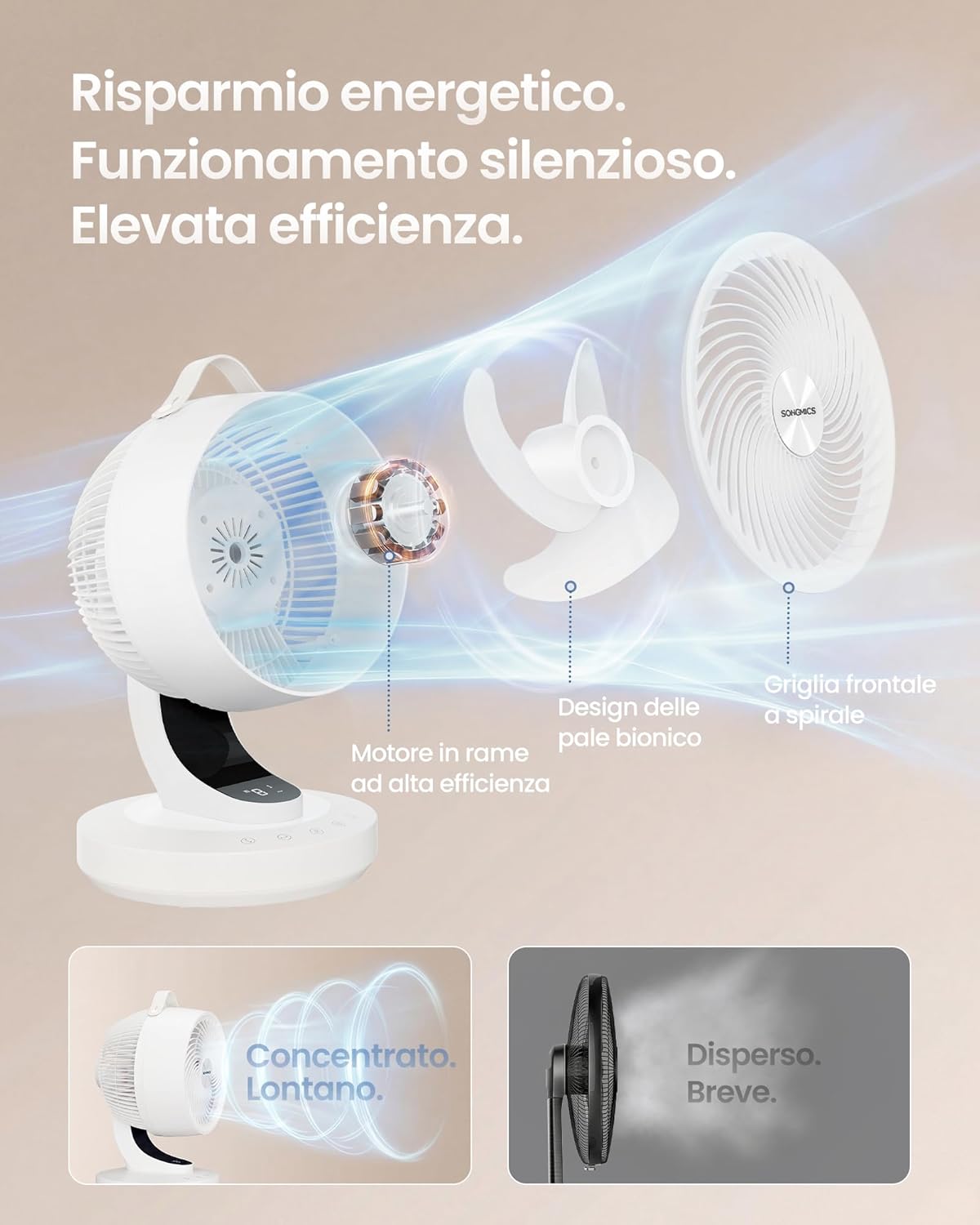 Detalle 2 de SONGMICS Ventilatore da Tavolo XFC001W1EU: Silenzioso, 8 Velocità e Controllo Remoto per la Camera da Letto