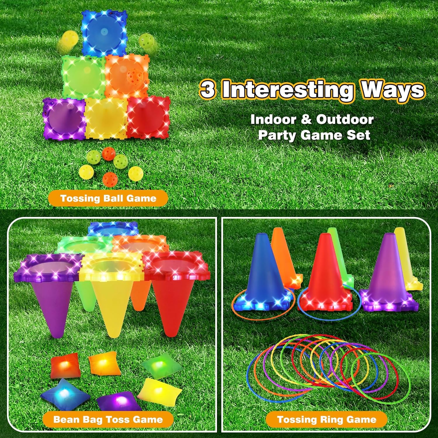 Thumbnail 4 de CLEMAS 35-teiliges 5-in-1 Light Up Wurfspiele-Set mit LED, Cornhole, Ringwurf und Eierlaufen