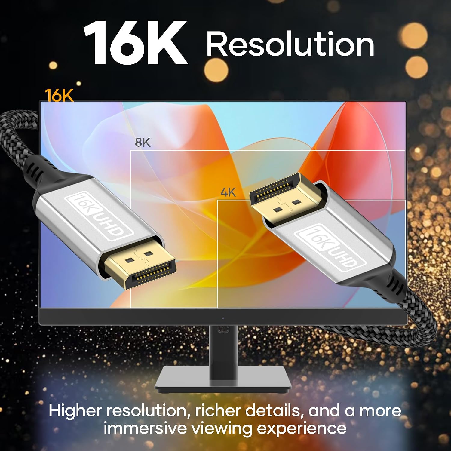 Detalle de 16K DisplayPort 2.1 Cable (1m) – 80Gbps, HDR, DSC 1.2a, HDCP 2.2