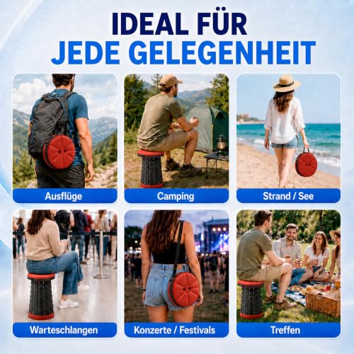 Detalle de HAPPY DAYS Klappbarer Hocker Campinghocker 2026 – gepolsterter Sitz, höhenverstellbar, belastbar bis 280 kg