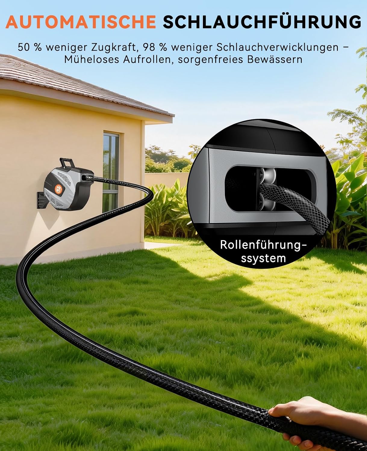 Detalle de SUNPOW Wand-Schlauchbox RollUp 35 m – Schlauchtrommel mit 10-fach Sprühdüse, 180° schwenkbar & Auto-Rewind