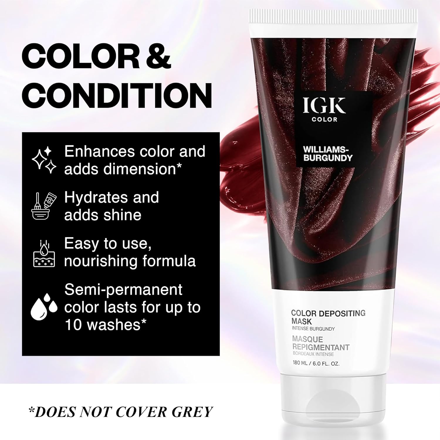 Thumbnail 1 de IGK Williams Burgundy Color Depositing Hair Mask (Burgundy Gloss Toner) — Intense Semi-Permanent Color Conditioner, 6 oz