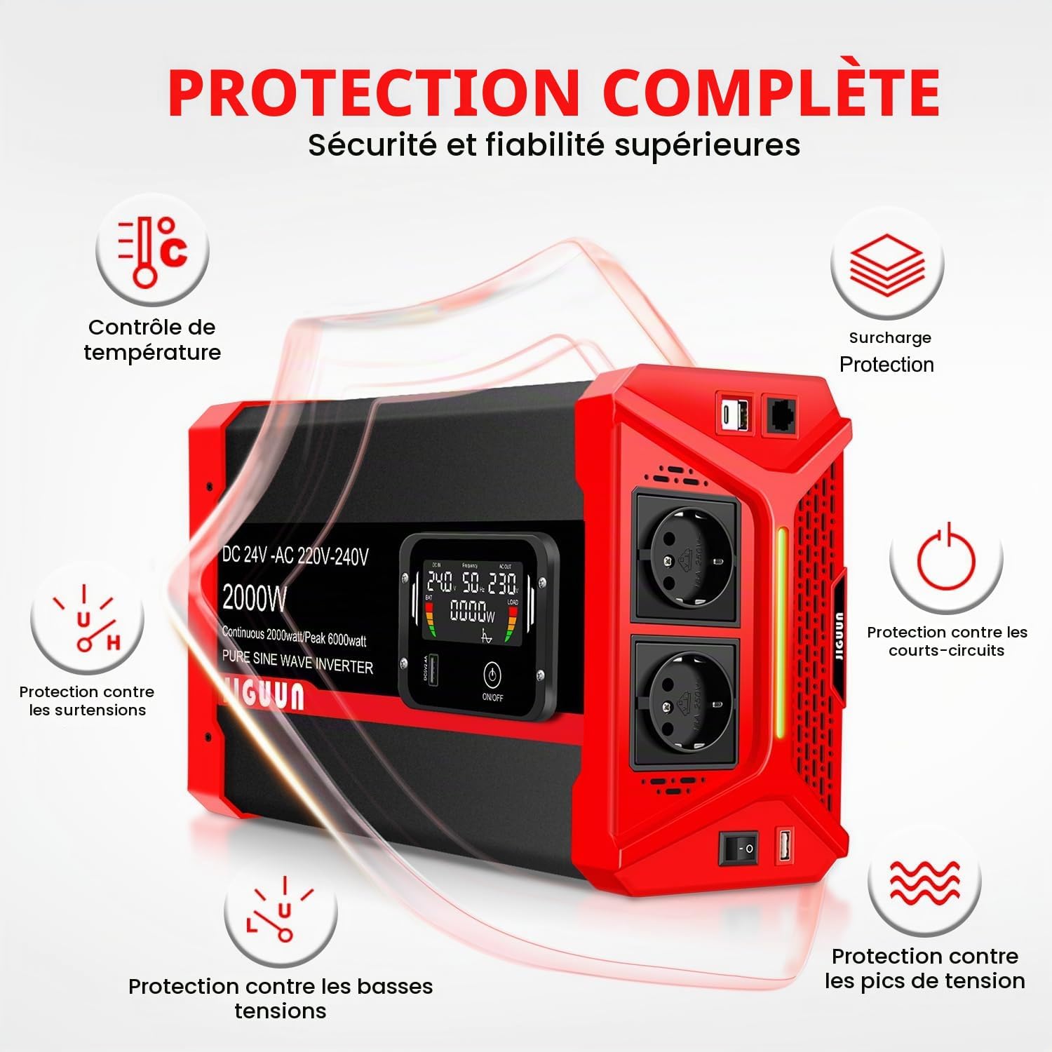 Detalle 2 de JIGUUN 2000W24V omvormer, 24 V naar 230 V, zuivere sinus en afneembaar LCD-display