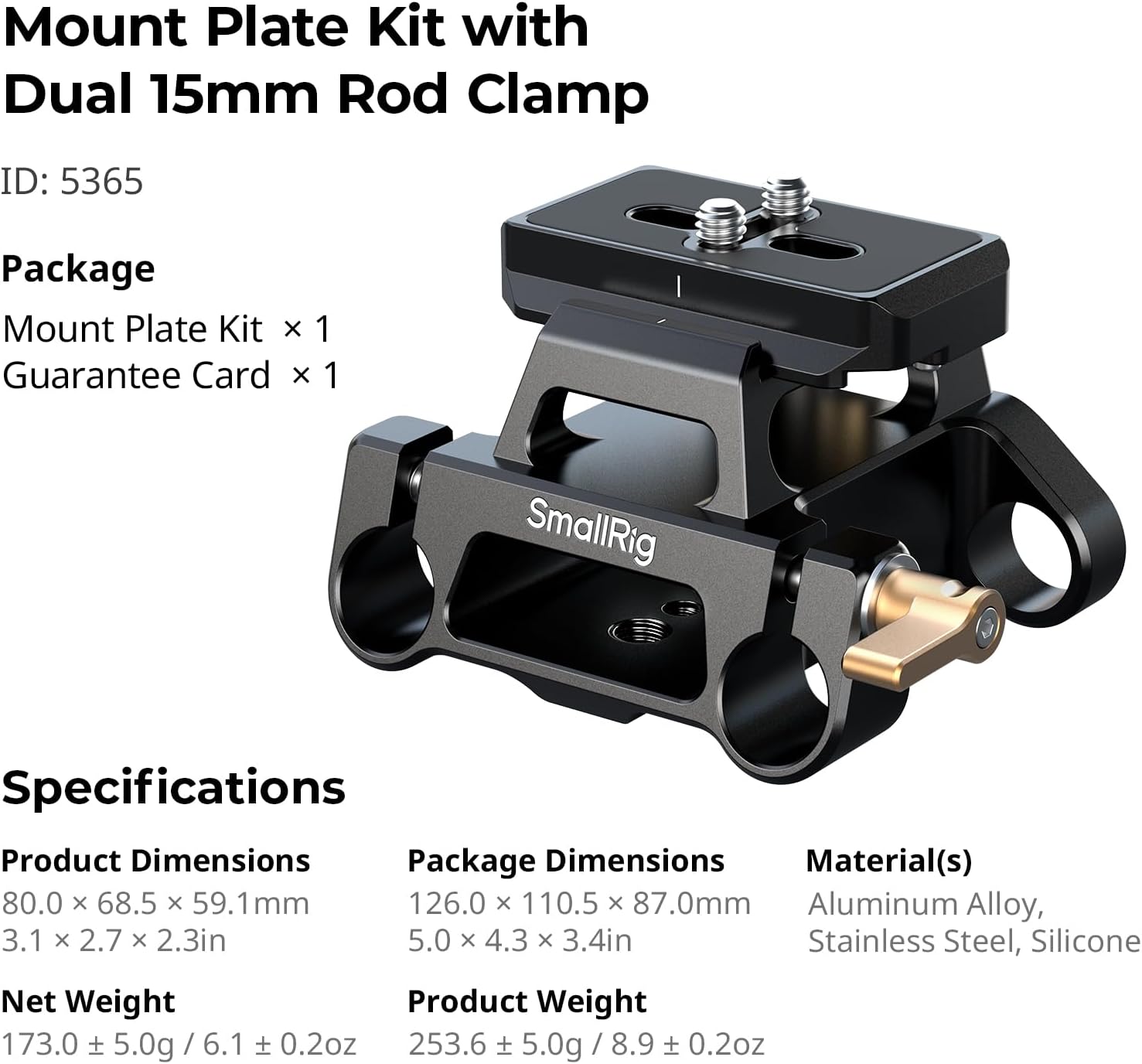 Thumbnail 5 de SMALLRIG 5365 – kit di piastre di montaggio universali con doppia morsa a barra da 15 mm e piastra Arca-Swiss a sgancio rapido