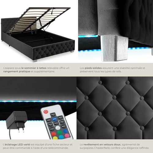 Thumbnail 5 de tectake Lit capitonné 140x200 avec sommier, coffre et éclairage LED – cadre acier époxy, tête de lit design Chesterfield