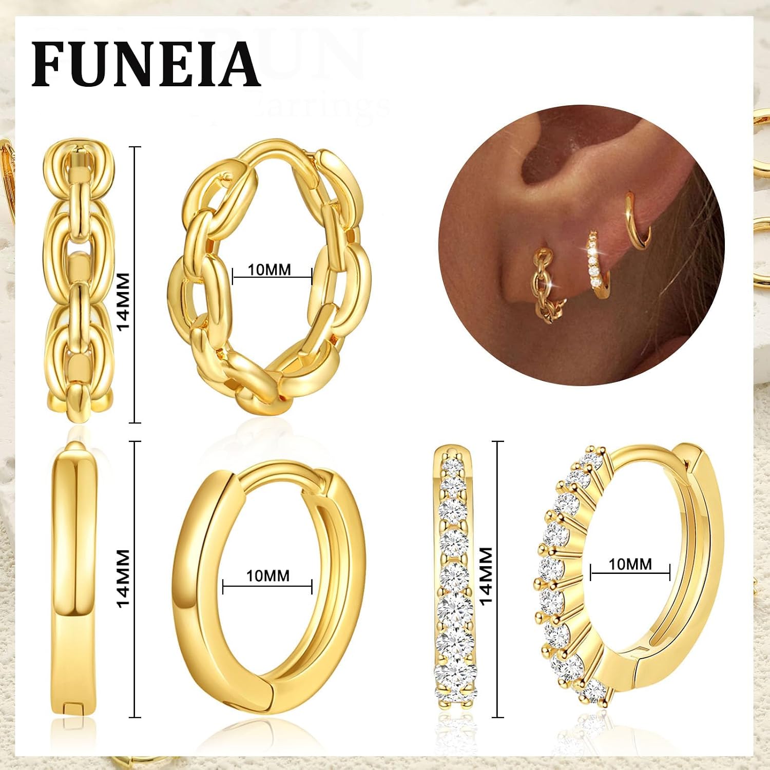 Detalle 2 de FUNEIA 3 Paar Creolen Set aus Silber 925 und 14K vergoldet – kleine Damen Creolen für mehrere Ohrlöcher
