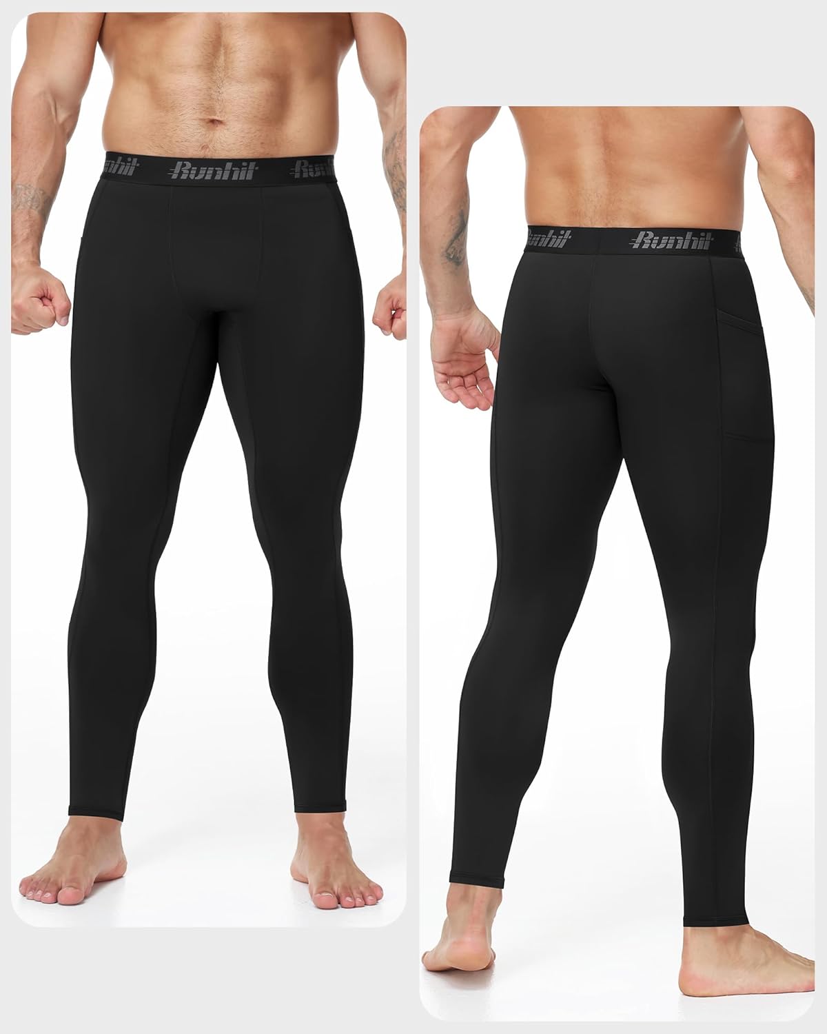 Detalle de Runhit Men’s Running Leggings with Pockets – 1/3 Pack Compression Tights for Training and Outdoors