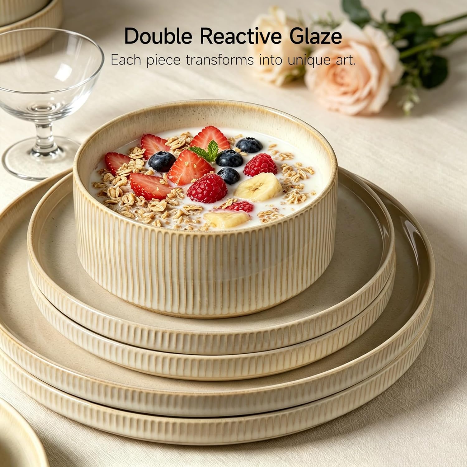 Thumbnail 6 de ALOFMO Stoneware Dinnerware Sets — 12-Piece Ribbed Dinnerware for 4 in Beige