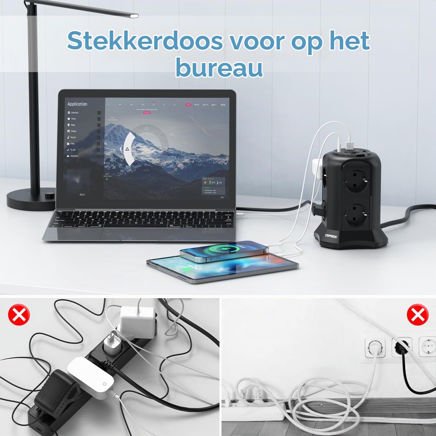 Thumbnail 5 de TOPREK VB4U8E verticale stekkerdoos met 8 stopcontacten en 4 USB-poorten