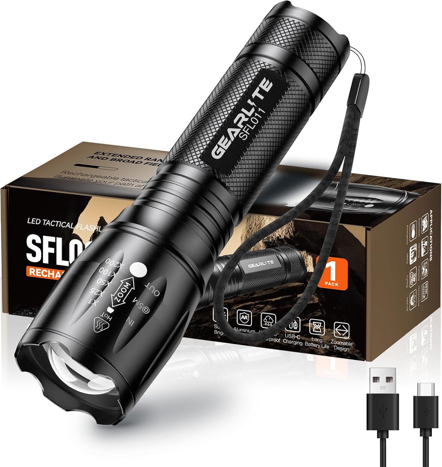 Detalle de GEARLITE LED Torch Rechargeable, 2000LM Zoomable Rechargeable Torch with 3 Modes, Long-Lasting IP65 Waterproof Torches Led Super Bright for Camping, Hiking, Emergencies - Gifts for Men Dad Kids
GEARLITE LED Torch Rechargeable, 2000LM Zo…