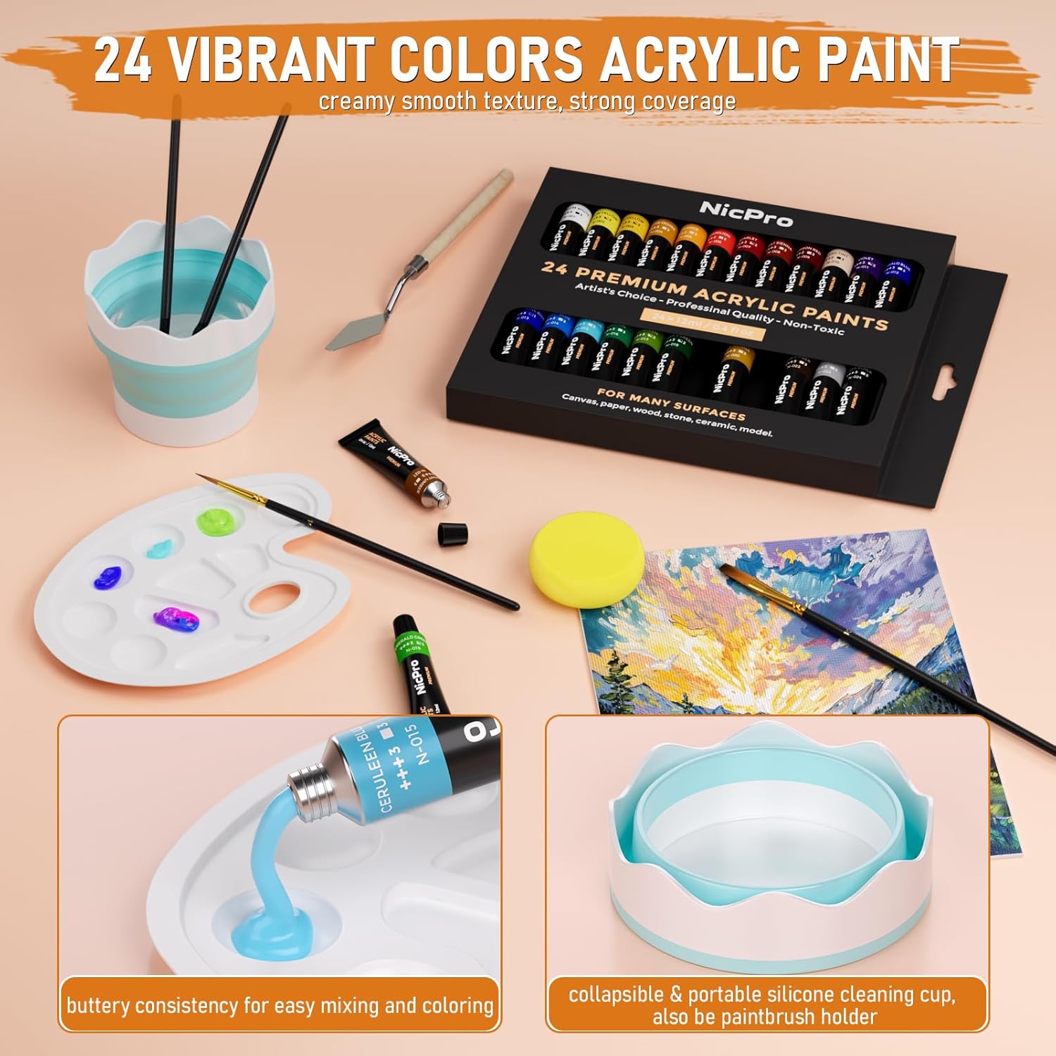 Detalle de Nicpro 68PCS Acrylic Paint Canvas Set – Complete Beginner Painting Kit