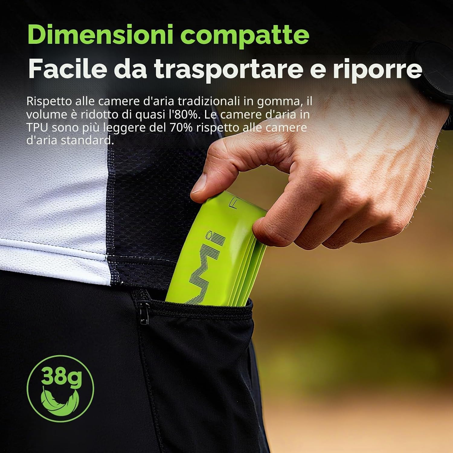 Detalle de CYCLAMI Camera d'aria in TPU per bici da strada 700C, 38 g, valvola in metallo 80 mm – kit 2 pezzi