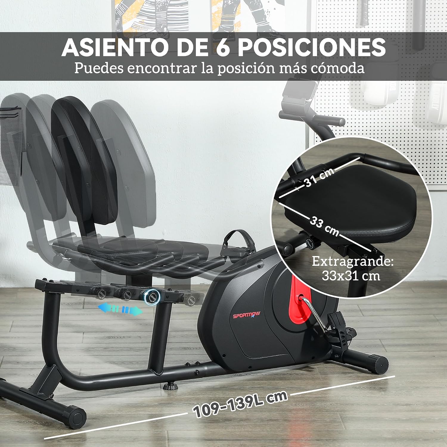 Detalle 2 de SPORTNOW Bicicleta Estática Reclinada 8 niveles