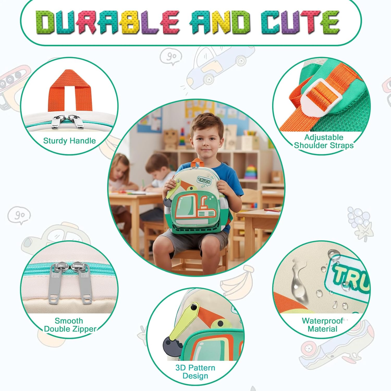 Detalle 2 de YAMEIZE Kindergartenrucksack Jungen - Kleiner, süßer Rucksack mit Autodesign für 3–6 Jahre