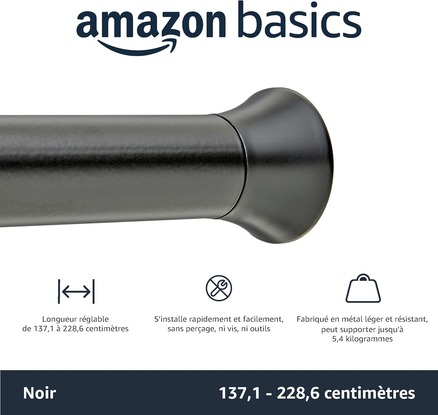 Detalle de Amazon Basics Tringle de rideau de douche extensible et ajustable, noir (137–229 cm)