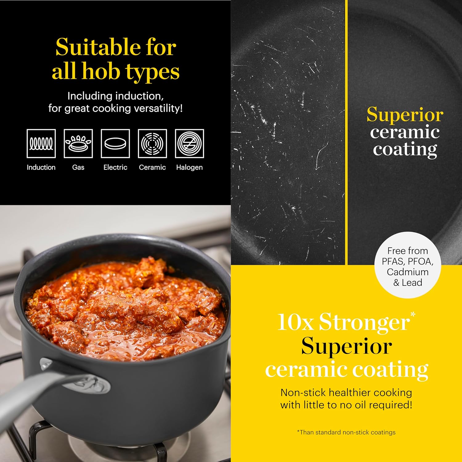 Detalle 2 de Good Food in Partnership with Tower Hard Anodised 3 Piece Saucepan Set (16cm, 18cm & 20cm) with Tempered Glass Lids