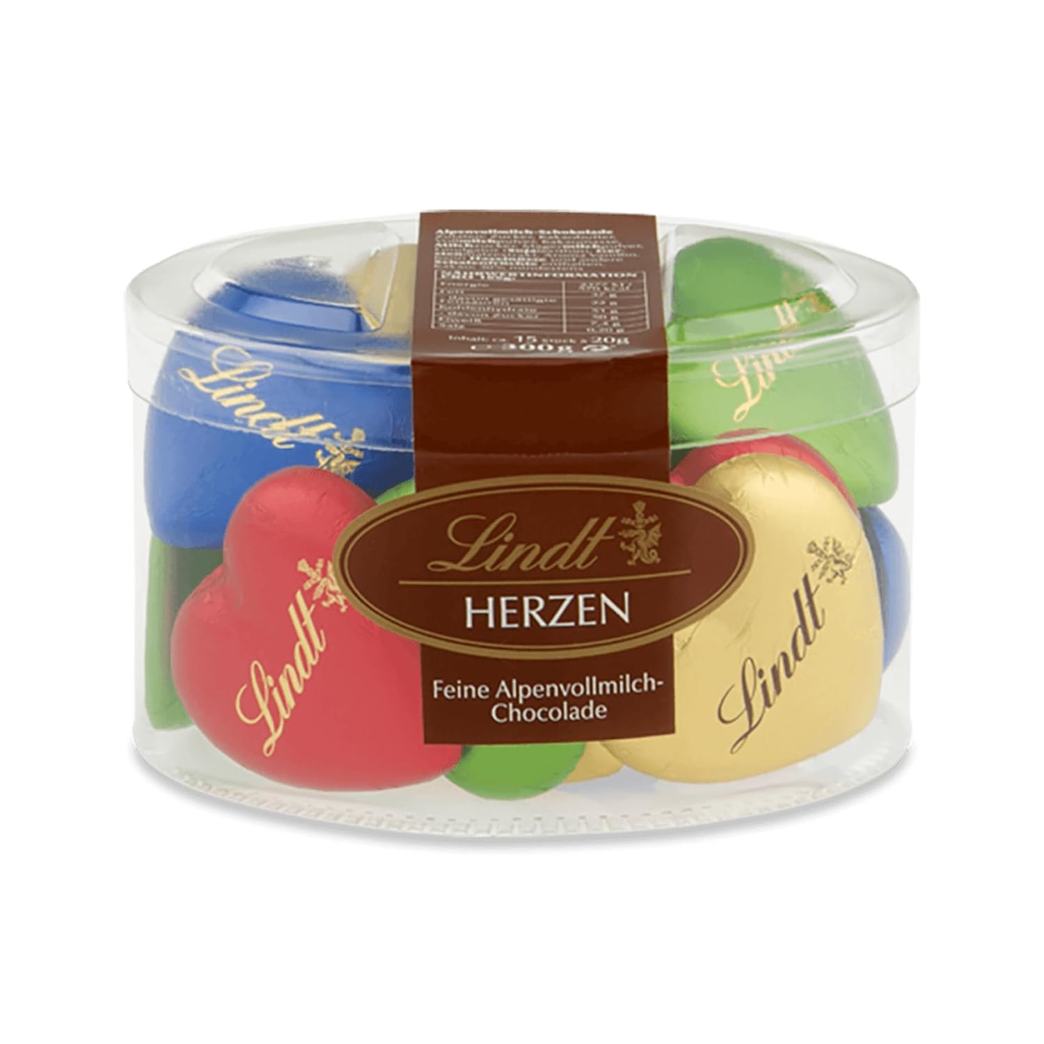 Detalle de Lindt Schokolade Vollmilch Schokoladenherzen – 300 g, buntes Herzgeschenk mit 15 Herzen in Grün, Rot, Blau und Gold