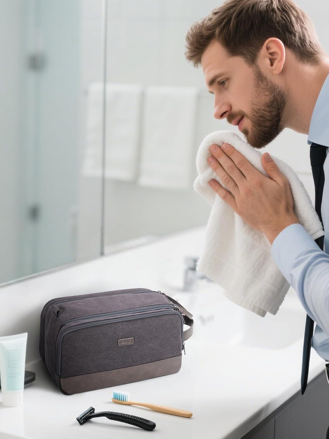 Detalle de WANDF Toiletry Bag for Men Travel Wash Bag: Large Capacity Dopp Kit in Grey (Water-Resistant Canvas & PU Leather)