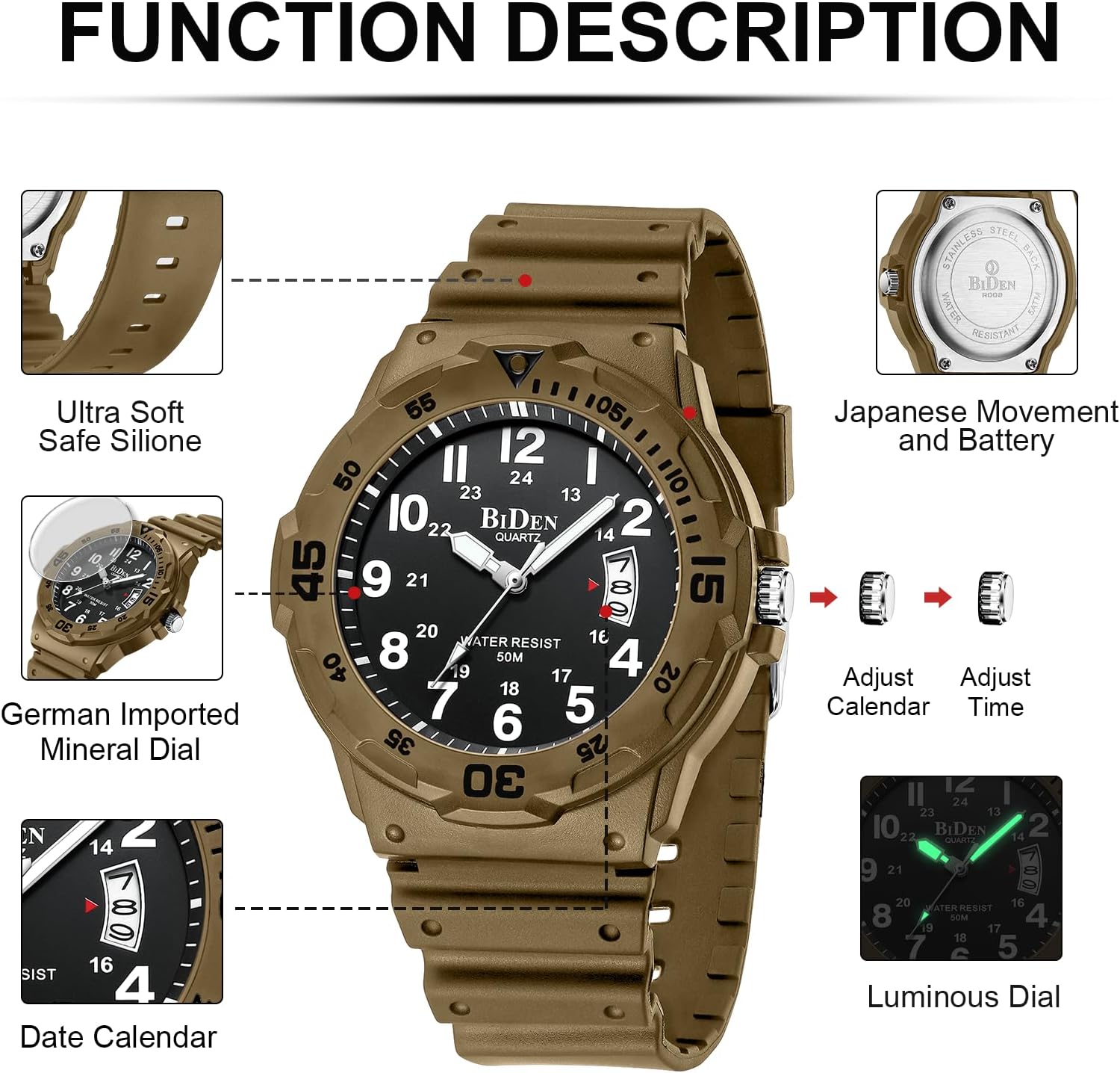 Thumbnail 6 de HANPOSH Herren Uhr – Analoge Quarzuhren mit Datum, 42 mm Gehäuse, Silikonarmband, 3ATM wasserdicht