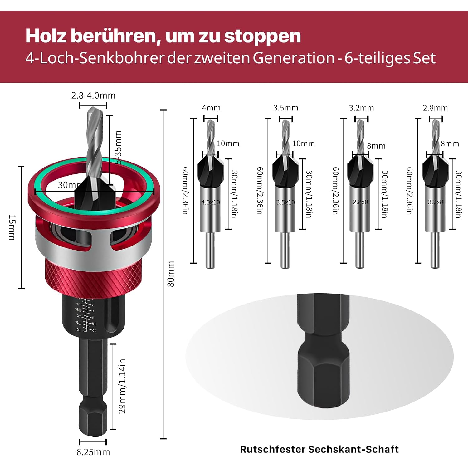 Thumbnail 2 de 6-tlg. Kegelsenker-Bohrer-Set mit 1/4" Hex-Schaft – präzise Senkungen in Holz