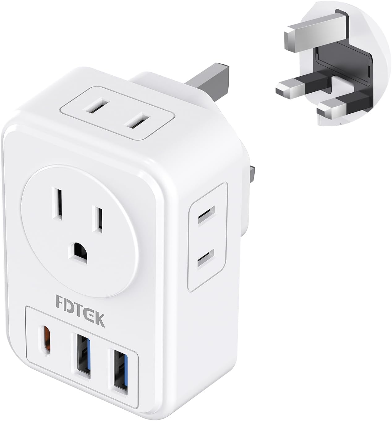 Detalle de FDTEK US to UK Plug Adapter with 3 USB Slots (7-in-1) – Type A/B to Type G