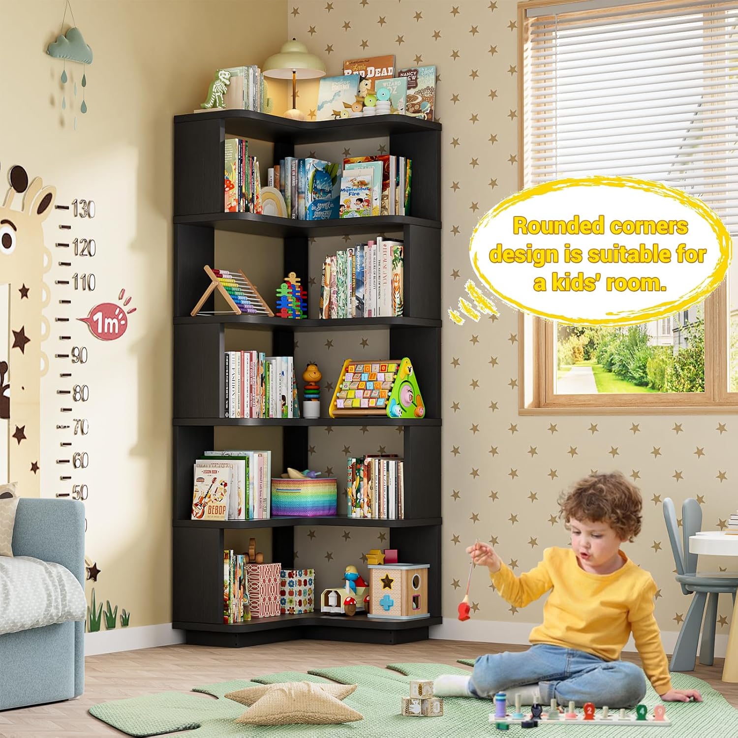 Detalle de Armocity Corner Book Shelf - 6 Tier Corner Bookshelf with Baffle, Freestanding L-Shape Display Shelf for Home & Office