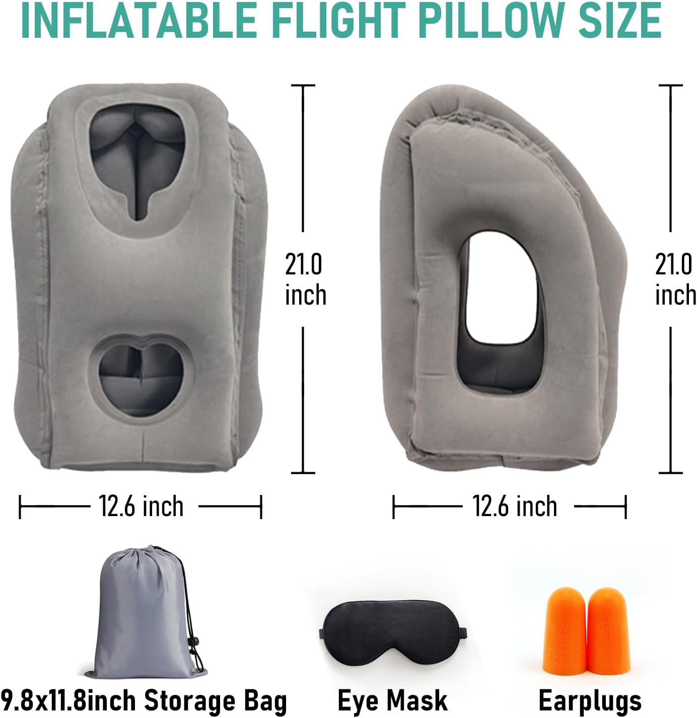 Detalle de 2 Pack Inflatable Travel Pillow for Airplane – Ergonomic Neck Support for Long Flights (Grey)