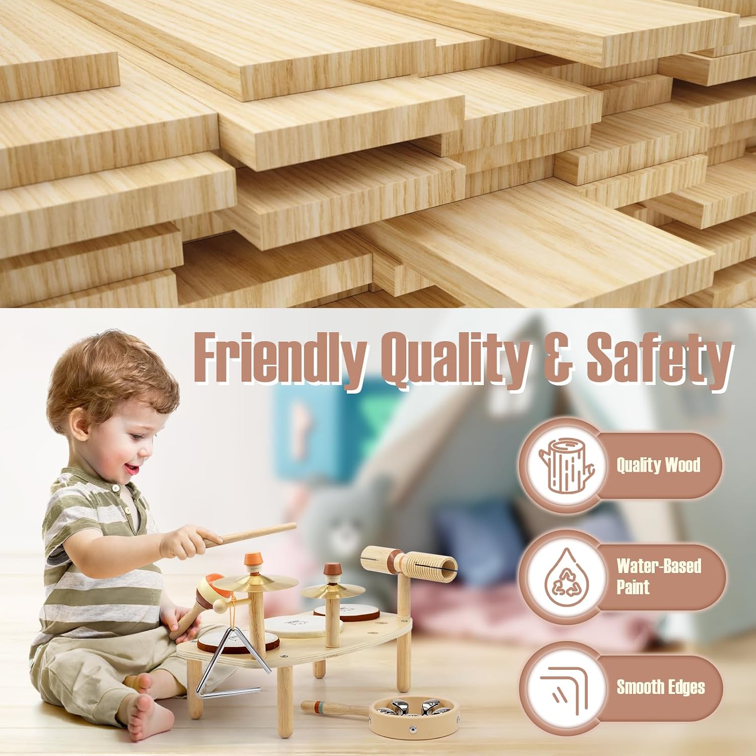 Thumbnail 6 de Kids Drum Set - Montessori 11-in-1 Wooden Musical Instruments for Toddlers