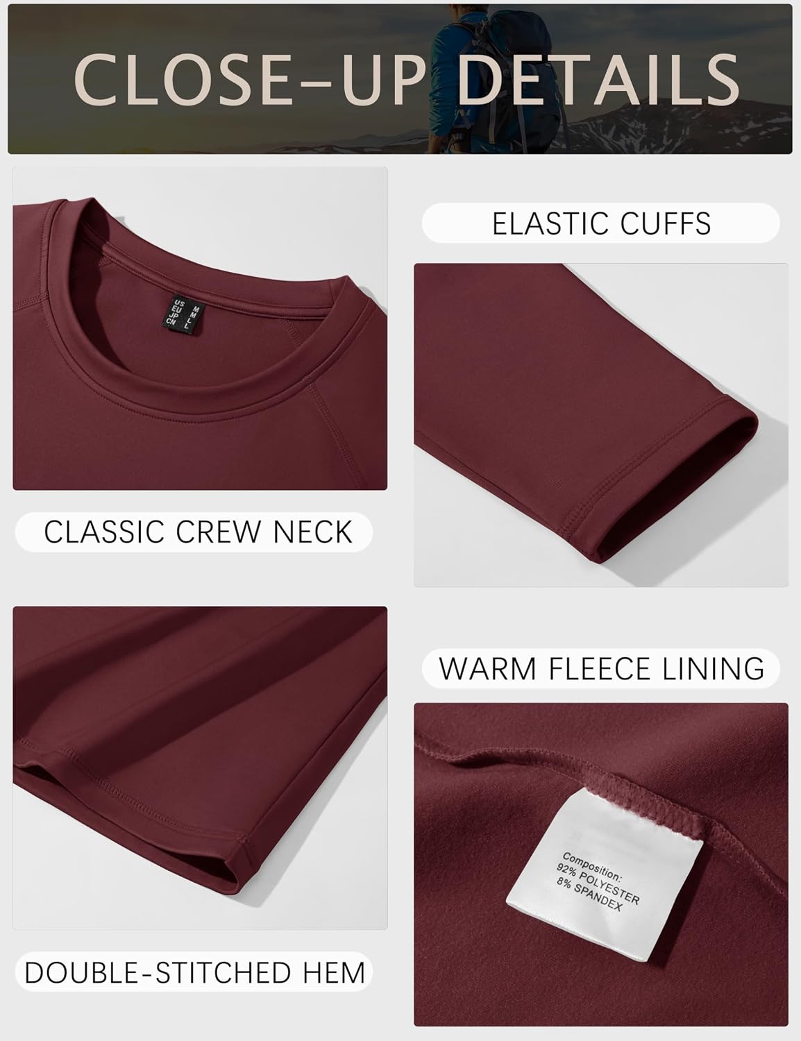 Detalle de TACVASEN Mens thermal base layer long sleeve