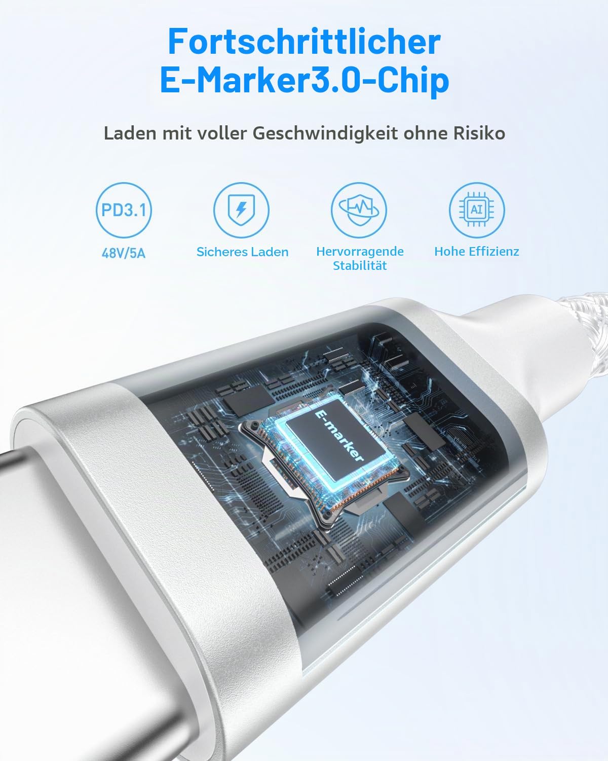 Detalle de 240W USB C auf USB C Kabel 1,5 m – PD3.1 Schnellladekabel, hochwertig, Weiß