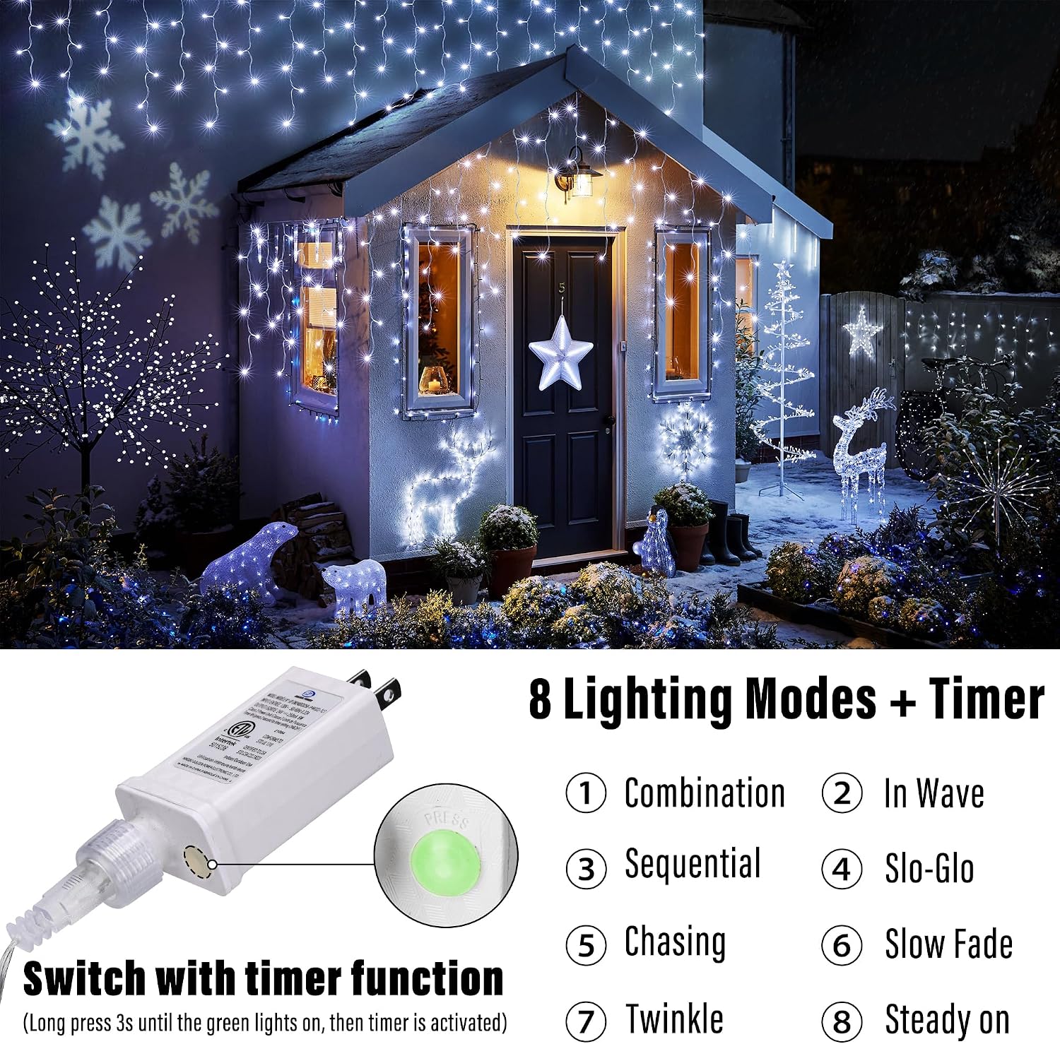 Detalle de Joomer SSL0200-I-24V 33 ft White LED Icicle Lights, 50 Drops, 8 Modes