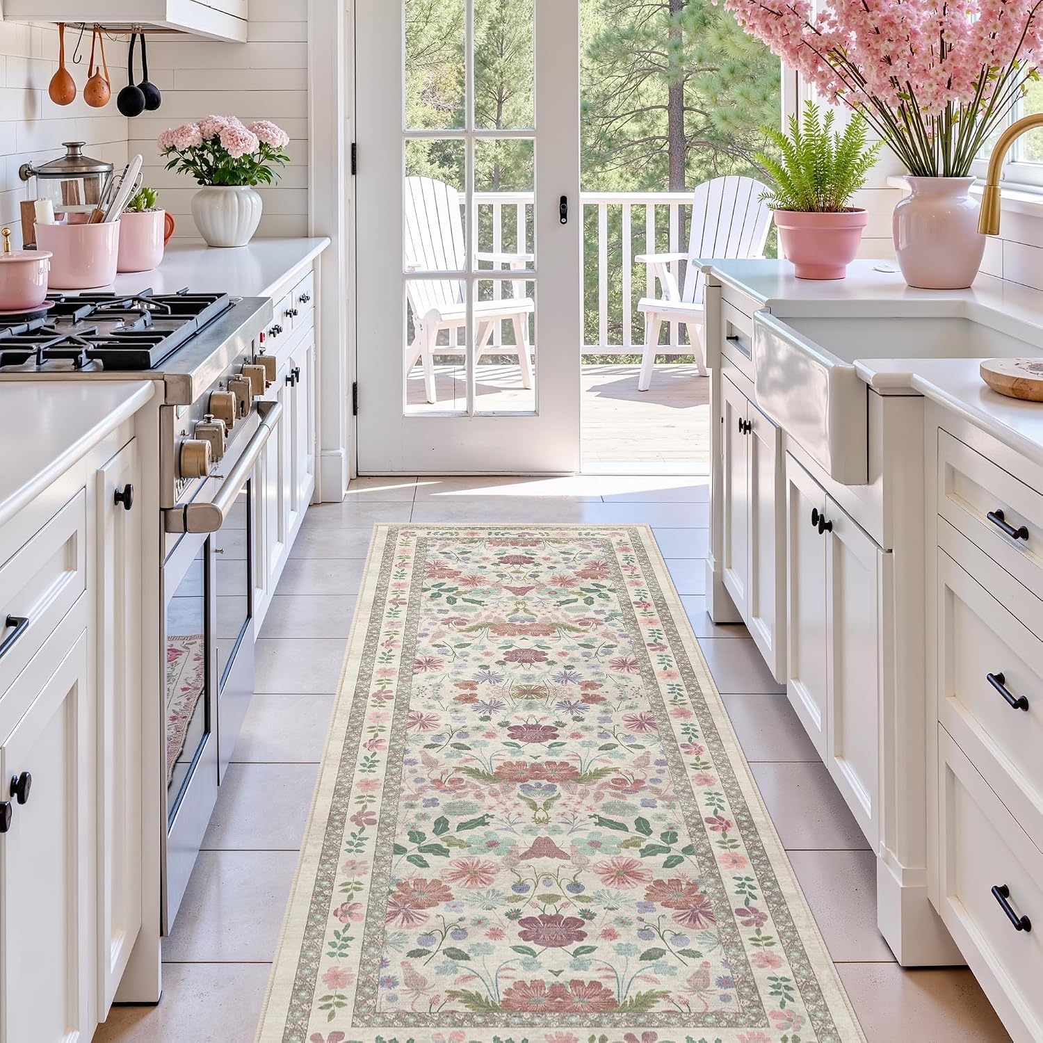 Detalle de Deerly 2' x 6' Floral Runner Rug, Washable Low-Pile Faux Wool
