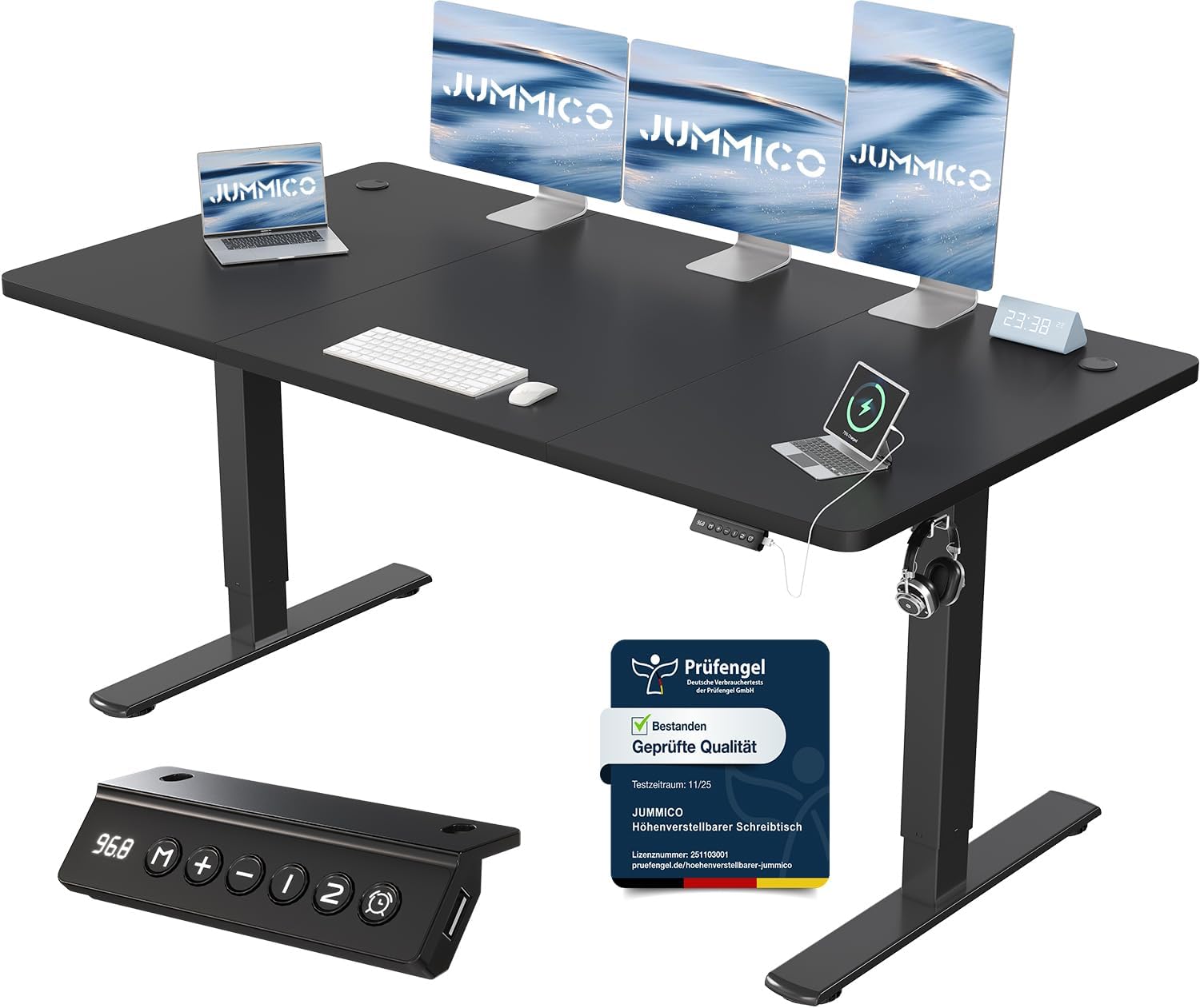 JUMMICO elektrisch höhenverstellbarer Schreibtisch mit USB-Ladeanschluss, 160 x 70 cm (schwarz)