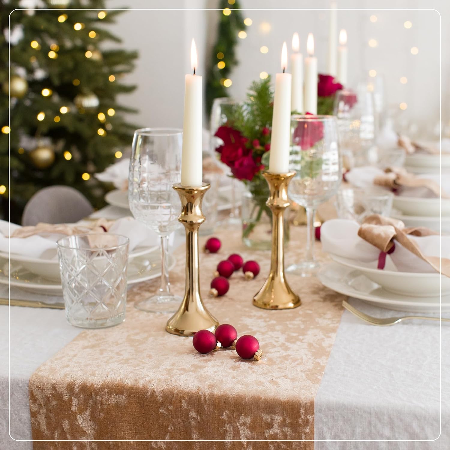 Thumbnail 6 de 100%Mosel Chemin de table en velours beige doré (28 cm x 5 m) – Velours brillant pour fêtes et mariages