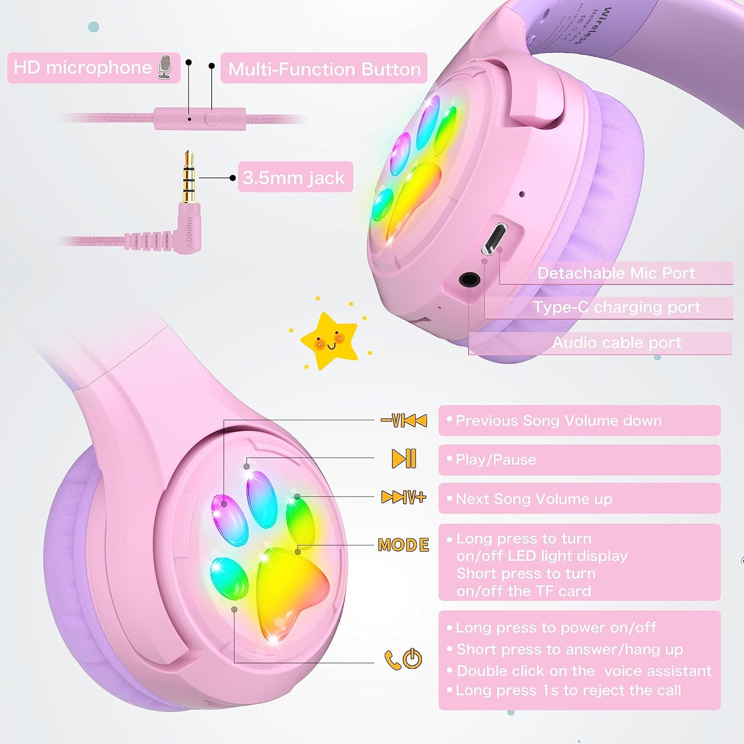 Detalle de Riwbox CF9 Cat Ear Kids Bluetooth Headphones with LED, 85dB Safe Volume Limit, Built-in Mic (Purple)