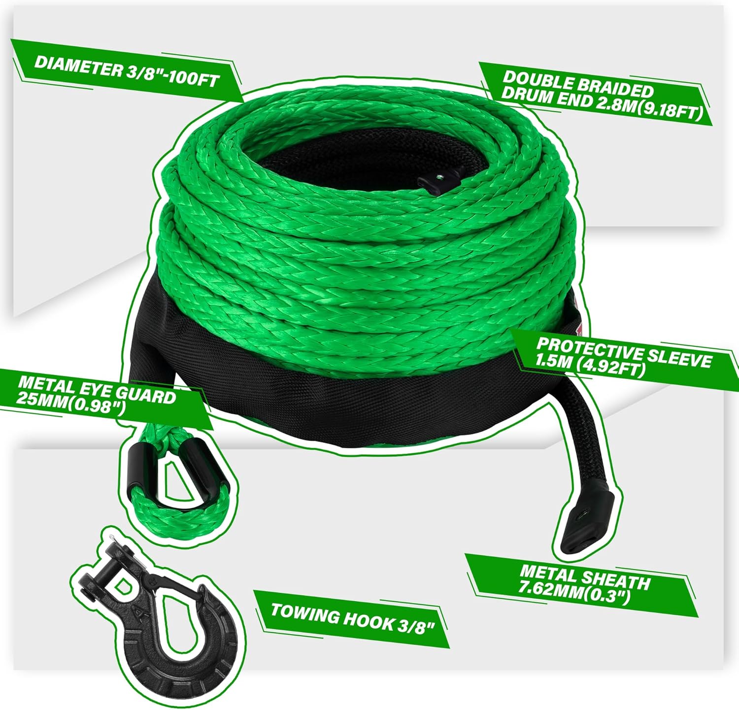 Thumbnail 2 de TYT Synthetic Winch Rope 3/8" x 92' with Hook — 27,000 lbs Break Strength, Includes Protective Sleeve