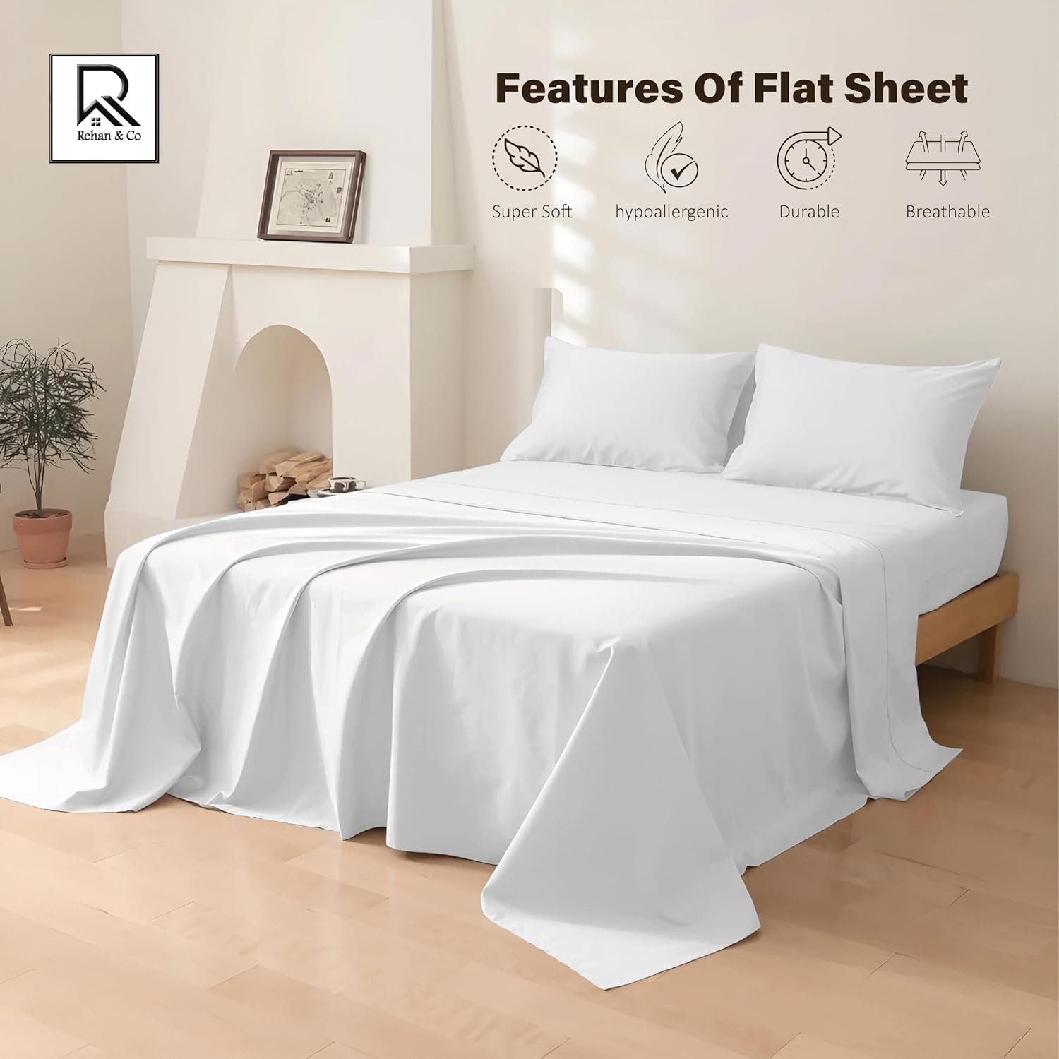 Thumbnail 5 de Rehan & Co Single White Egyptian Cotton Flat Sheet (300 Thread Count) 180 x 255cm