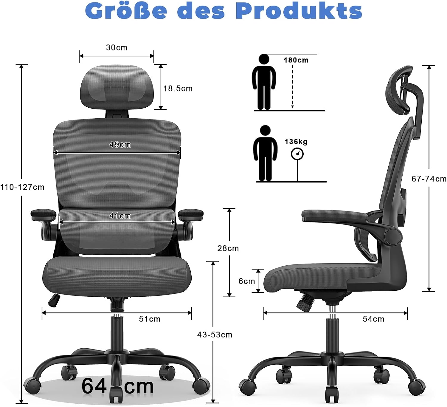 Thumbnail 1 de naspaluro Bürostuhl mit verstellbarer Kopfstütze, Lordosenstütze und Netzbezug (dunkelgrau)