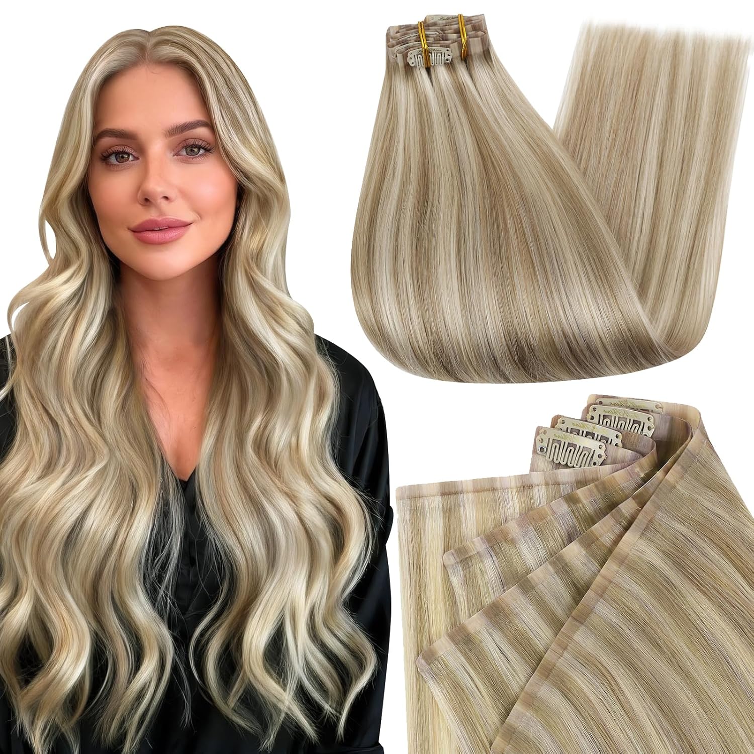 Detalle de Full Shine Blonde Clip-In Hair Extensions, 20 Inch, 150g, 8 Pcs