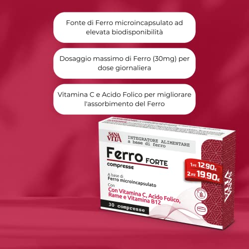 Detalle 2 de Sanavita Ferro Forte Integratore Alimentare con Ferro ad Alto Dosaggio – Paladin Pharma, 30 compresse