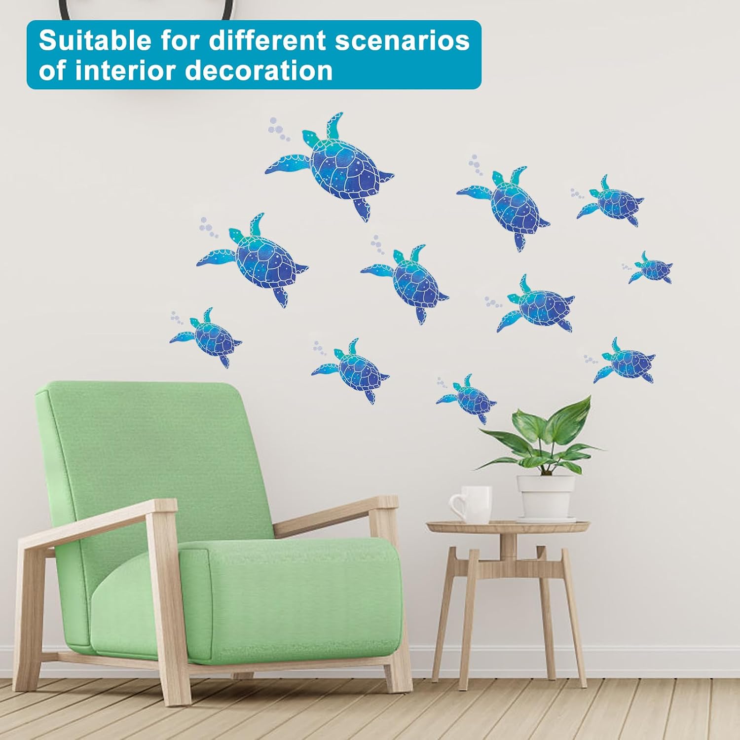 Thumbnail 2 de 45 Stück Meeresschildkröte Wandtattoo mit Gelbem Schaber – wasserfeste Vinyl-Aufkleber für Bad & Kinderzimmer (Blau)