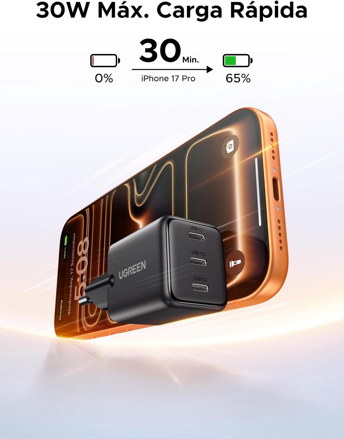 Detalle 2 de UGREEN Zapix 30W Cargador USB-C 3 puertos