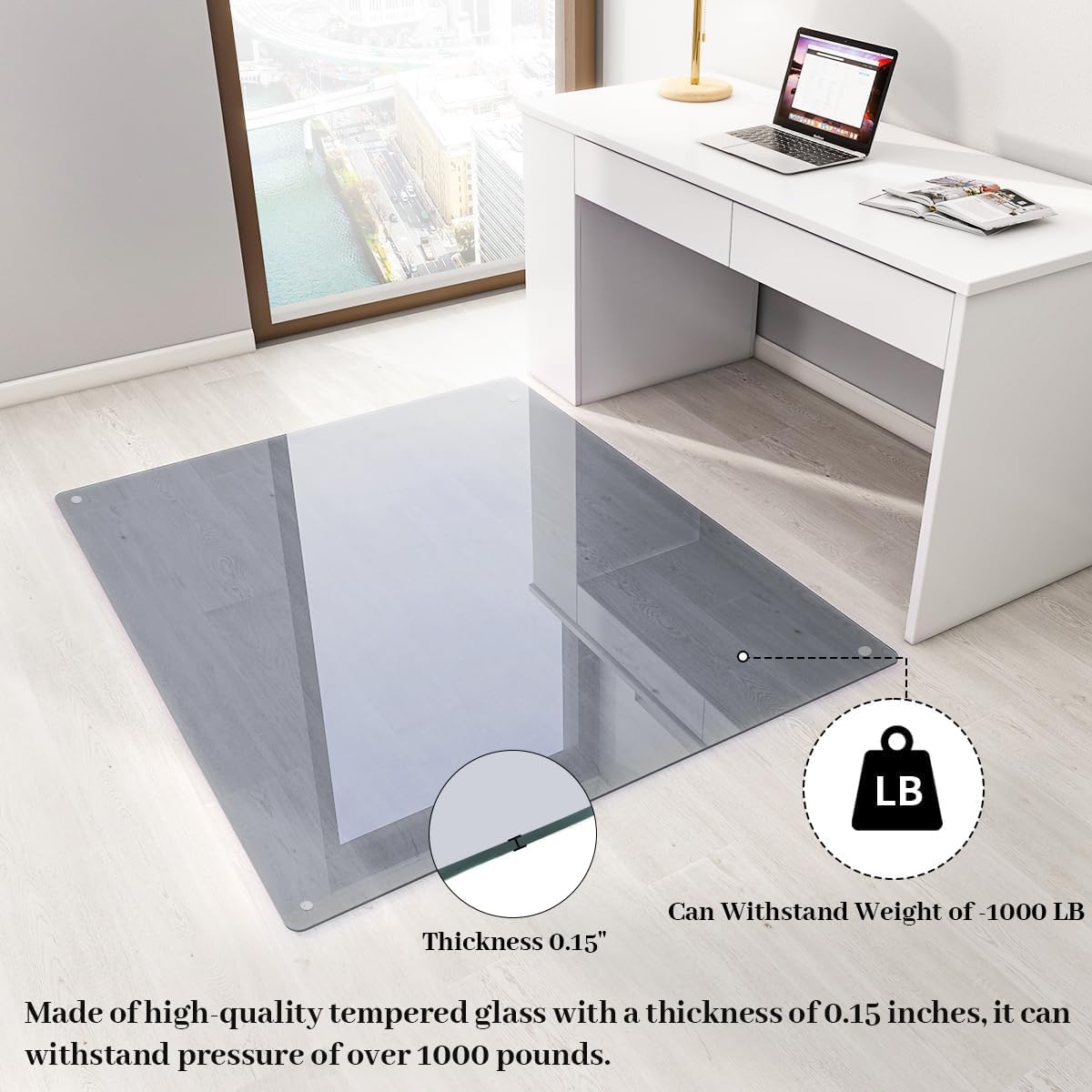 Detalle 2 de Koonmi Office Chair Mat for Carpet, 46" x 55" Tempered Glass, Grey