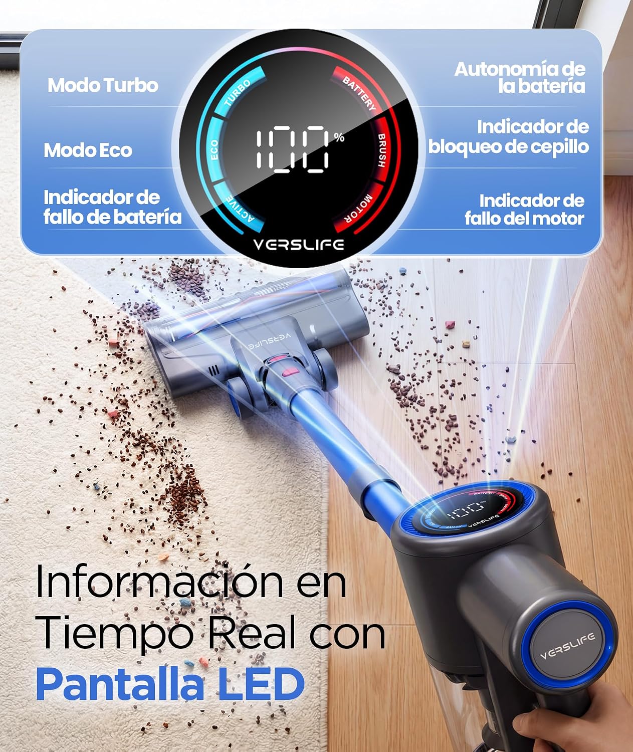 Detalle de VersLife Z8 Aspiradora sin cable 40KPA/500W con pantalla LED y luz verde para pelo de mascotas